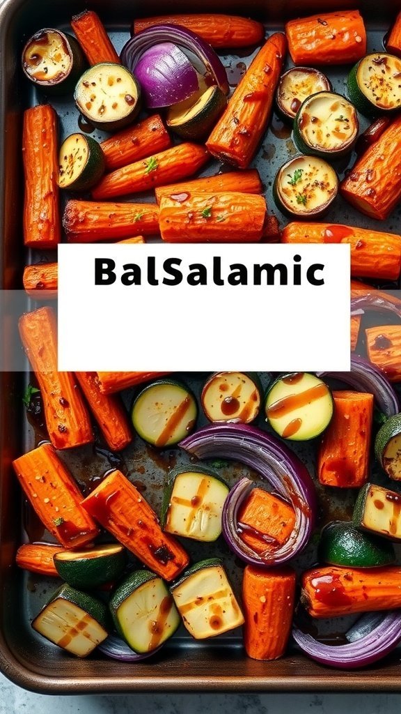 A tray of colorful roasted carrots, zucchini, and red onion drizzled with balsamic glaze.