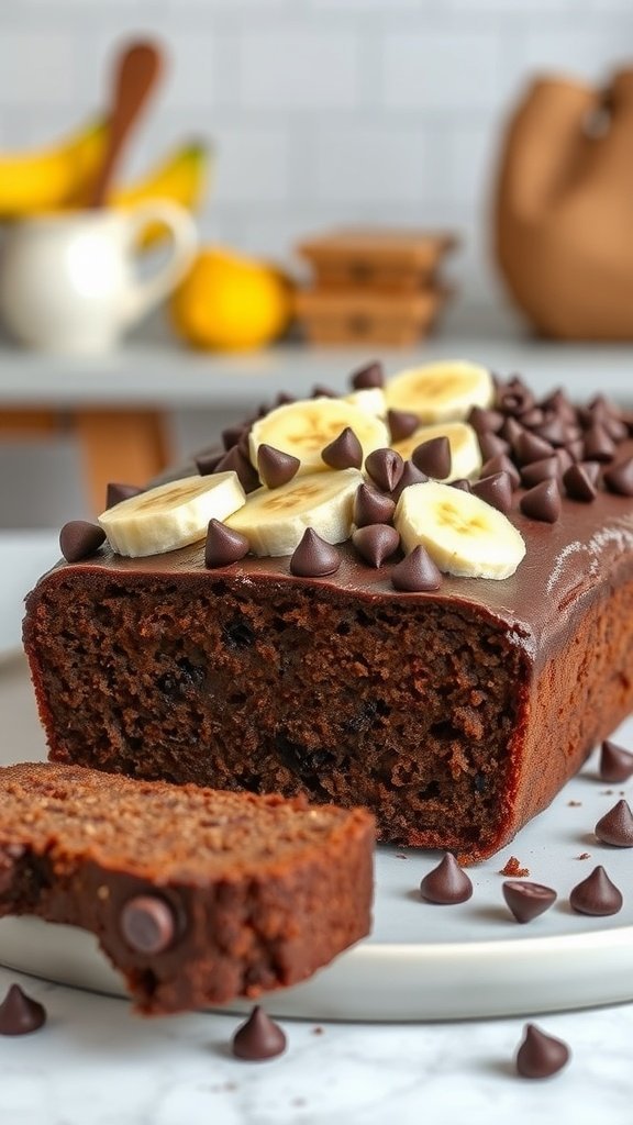 A delicious banana bread chocolate cake topped with chocolate frosting, banana slices, and chocolate chips.