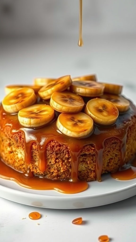 A delicious Banana Foster Cake with a glossy rum sauce and sliced bananas on top.