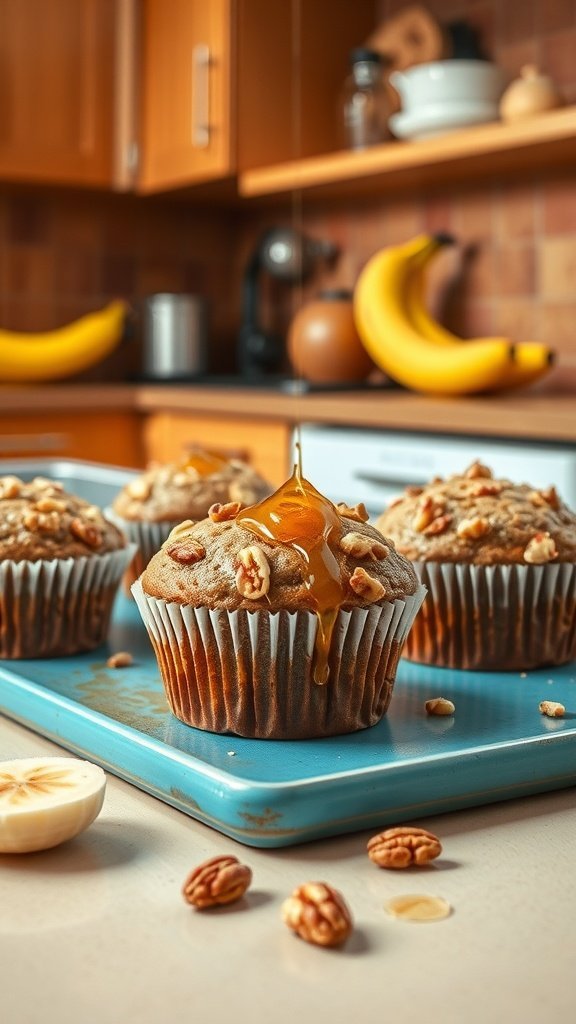 Delicious banana nut muffins topped with honey, displayed in a cozy kitchen setting.