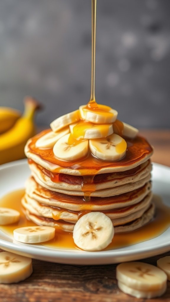 Stack of banana pancakes drizzled with maple syrup and topped with banana slices.