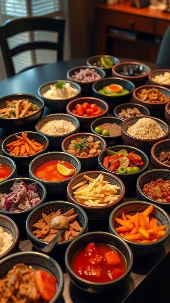 A variety of colorful Korean side dishes displayed in small bowls on a table.