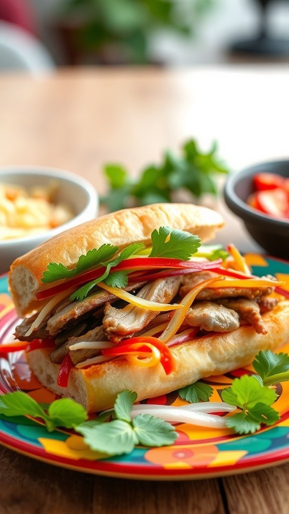A delicious Banh Mi sandwich filled with meat, pickled vegetables, and herbs, served on a colorful plate.
