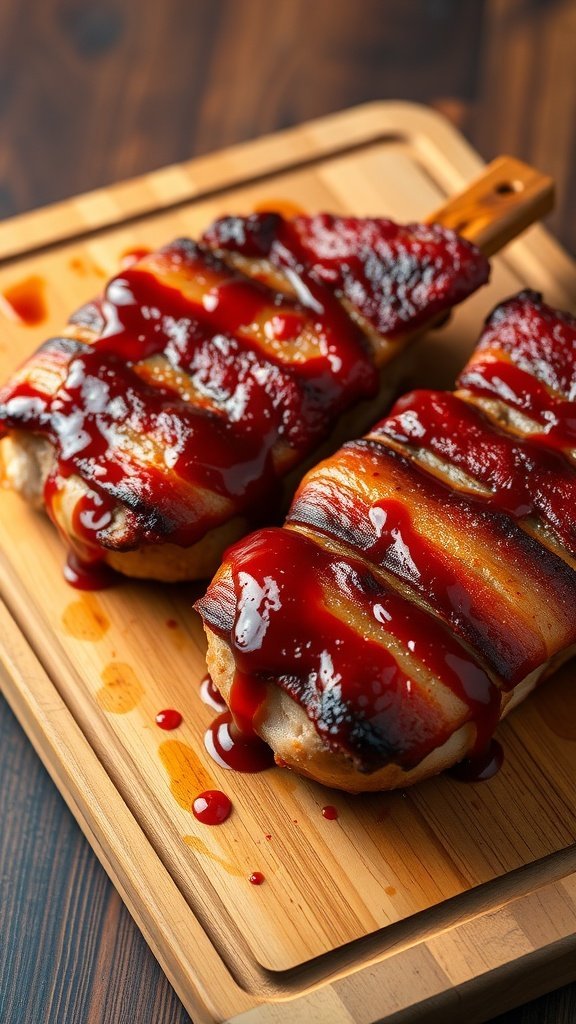 BBQ bacon-wrapped pork chops drizzled with sauce on a wooden board