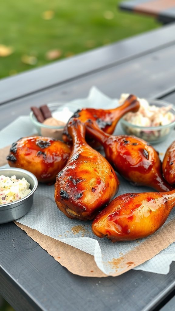 BBQ baked chicken drumsticks served with coleslaw on a wooden table