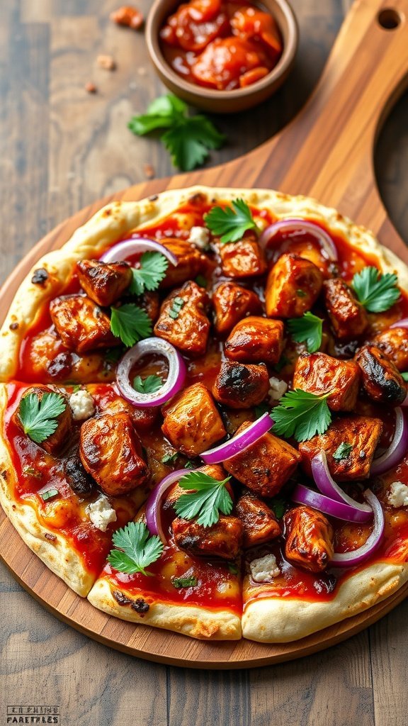 BBQ Chicken Pizza topped with chunks of chicken, red onions, and parsley on a wooden pizza board.