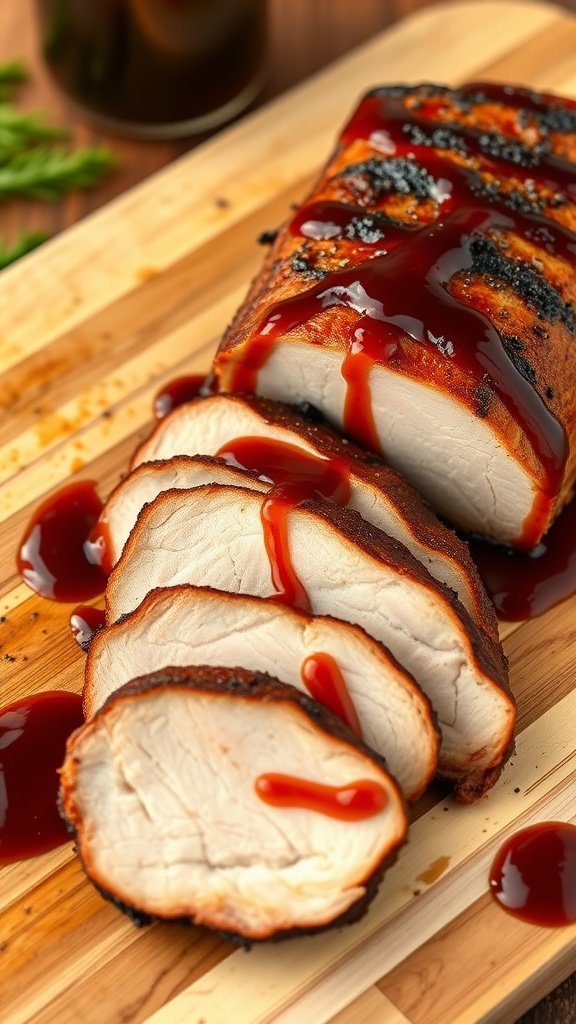 Sliced BBQ grilled pork tenderloin on a wooden cutting board with barbecue sauce