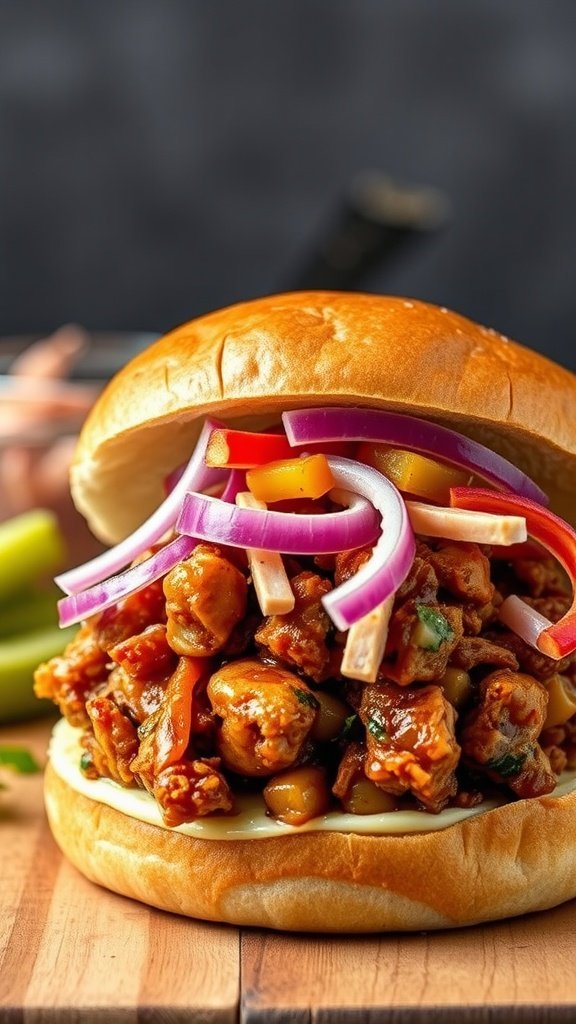 A BBQ jackfruit sandwich with colorful toppings.