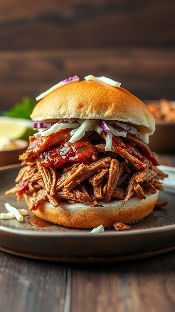 A delicious BBQ pulled pork sandwich with shredded pork and coleslaw on a bun, served on a brown plate.