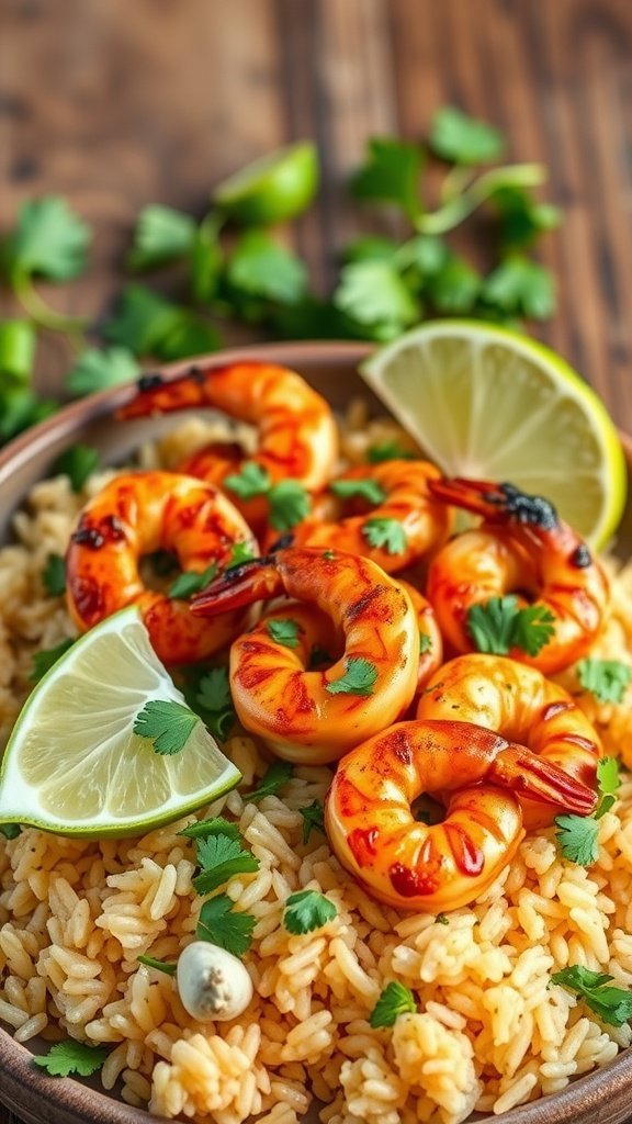 A bowl of BBQ shrimp on a bed of cilantro lime rice, garnished with lime wedges and fresh cilantro.