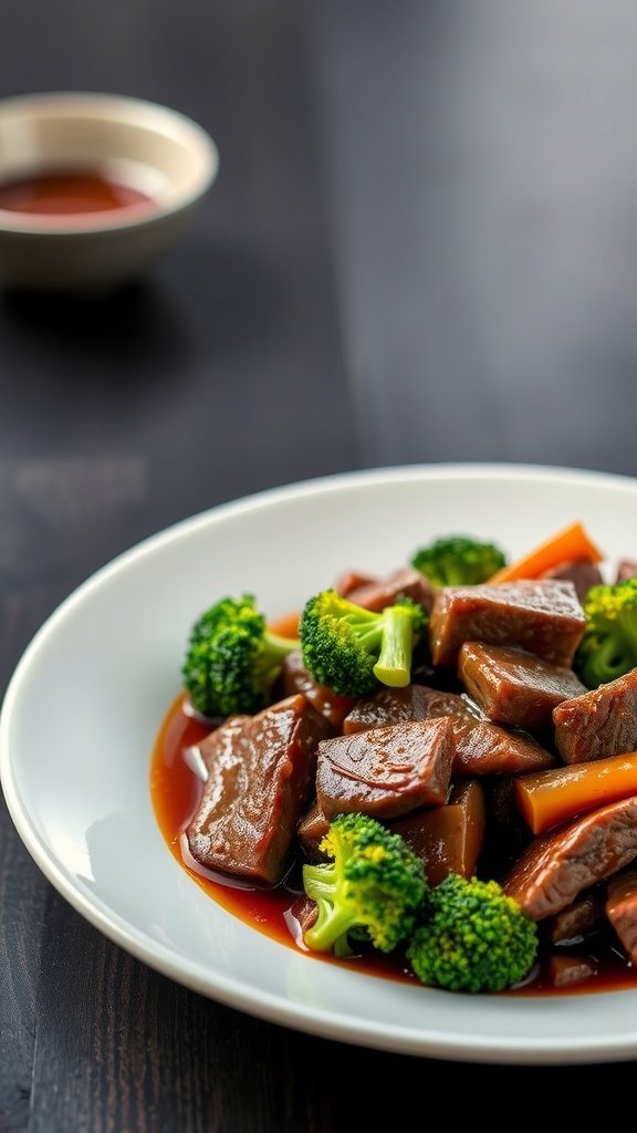 A plate of beef and broccoli stir-fry with tender beef, fresh broccoli, and a rich sauce.