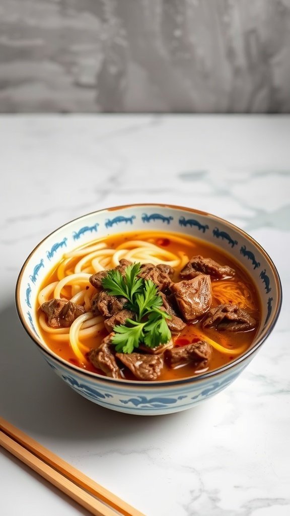 A bowl of beef bulgogi ramen with noodles, beef chunks, and fresh cilantro