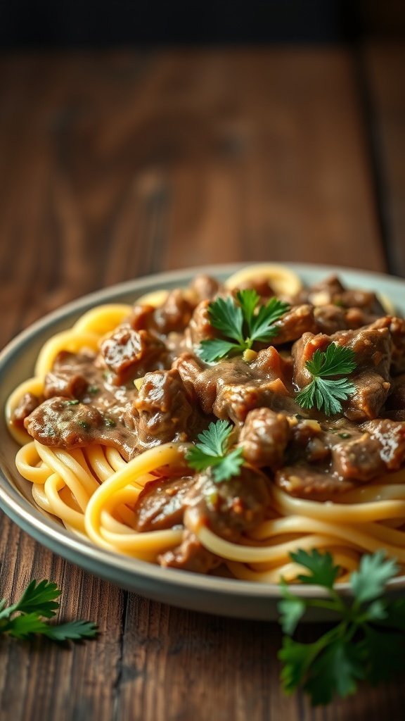 A plate of beef stroganoff over egg noodles garnished with fresh parsley.