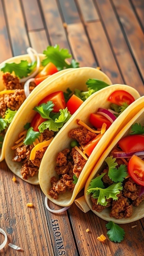 Three beef tacos filled with various toppings like cheese, lettuce, and tomatoes, placed on a wooden table.