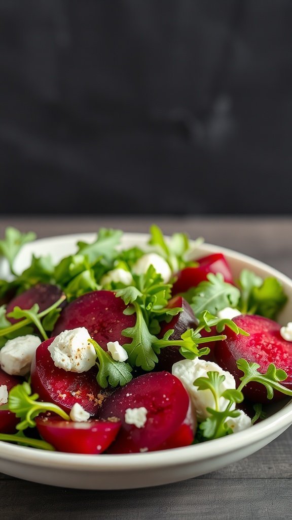 A colorful beet and goat cheese salad with fresh greens in a white bowl