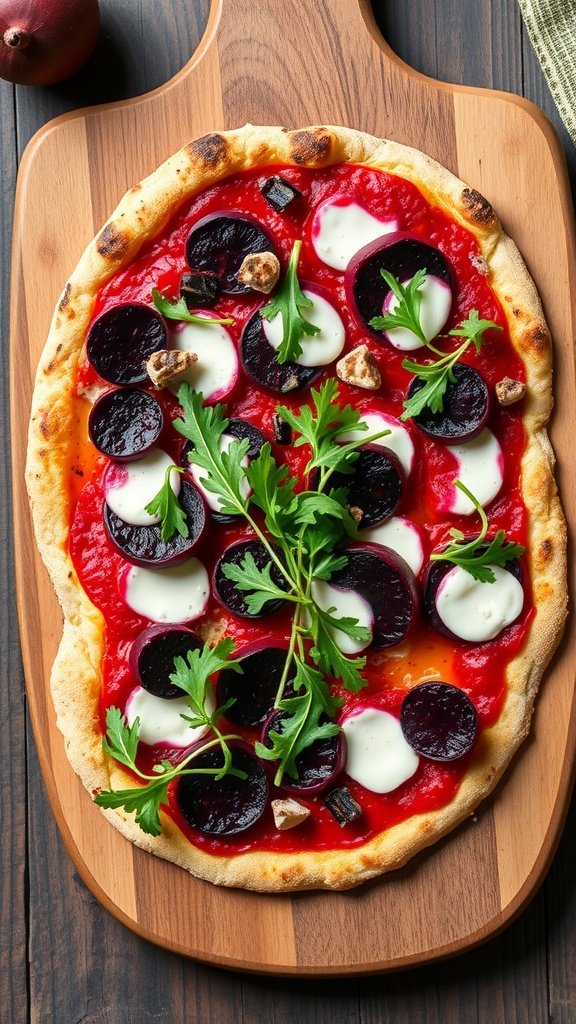 Beetroot and Goat Cheese Pizza on a wooden board