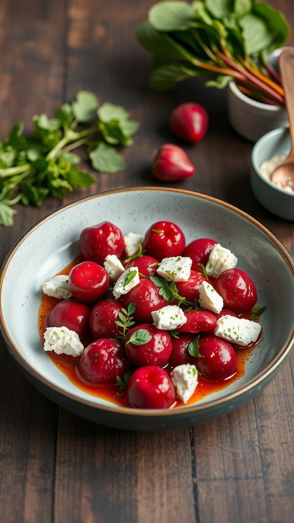 A bowl of beetroot gnocchi topped with goat cheese and fresh herbs.