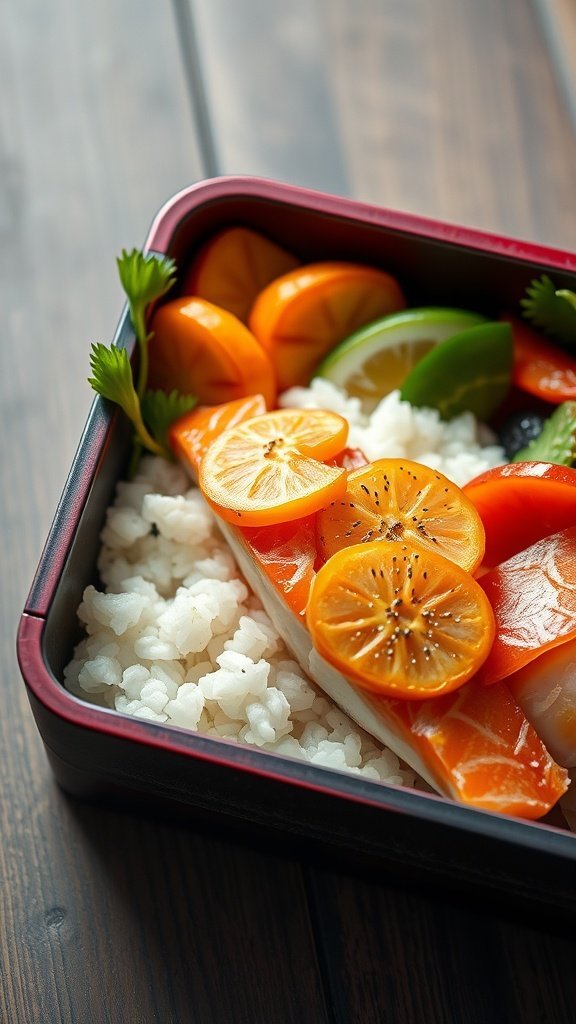 A bento box filled with fluffy rice, salmon, and vibrant citrus fruits.