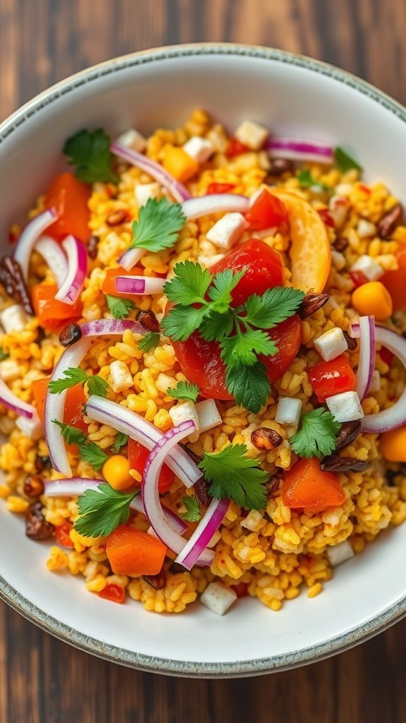 A colorful bowl of Bhel Puri, an Indian salad made with puffed rice, vegetables, and spices.