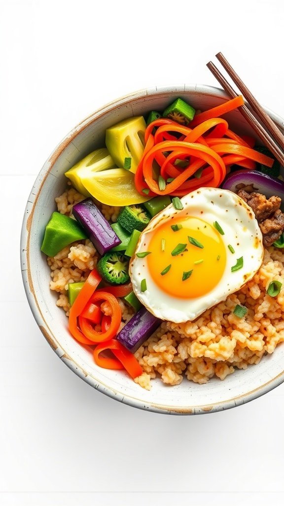 A colorful bowl of bibimbap featuring rice, assorted vegetables, and a fried egg on top.