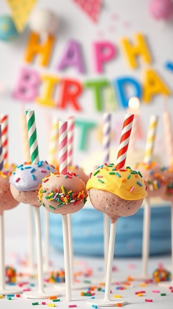 Colorful birthday cake pops with sprinkles on a festive background