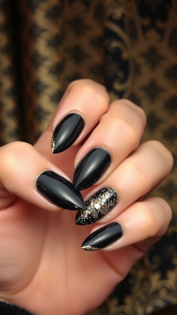 Black nails with gold glitter tips