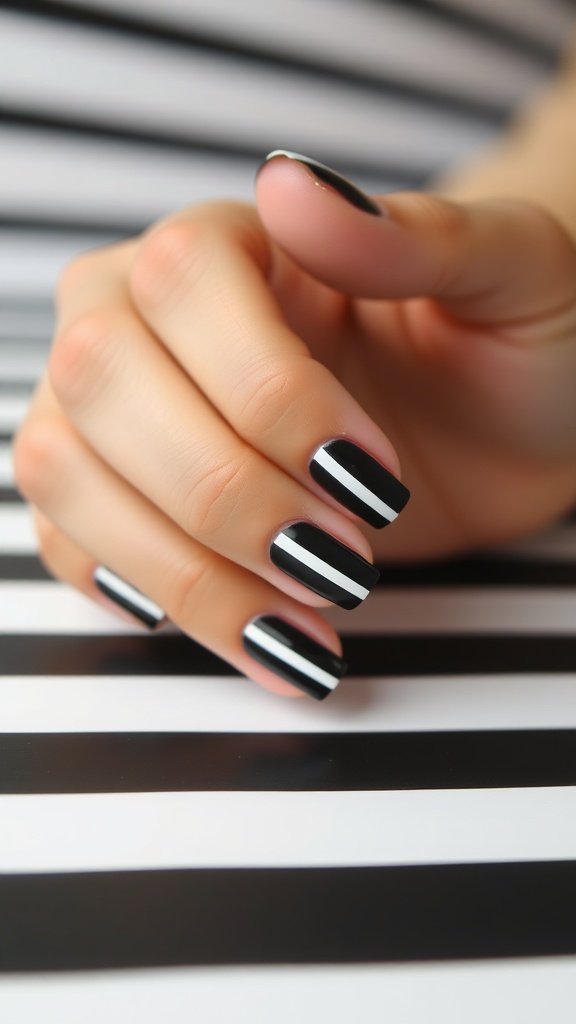 Nails painted with black and white stripes on a striped background.
