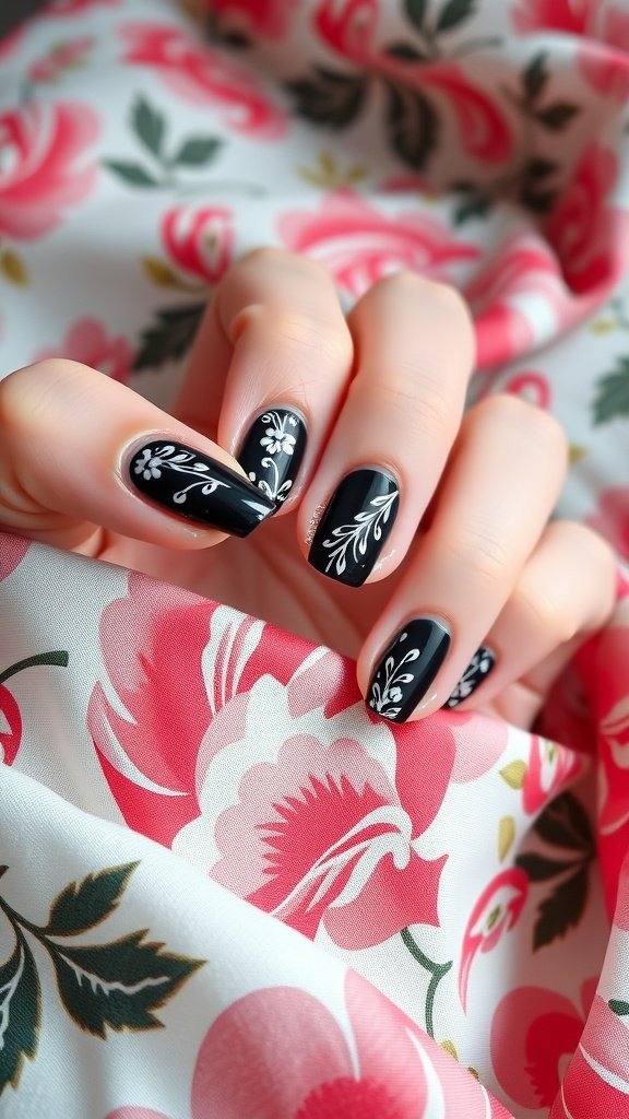 Black nails featuring white floral art against a floral background.