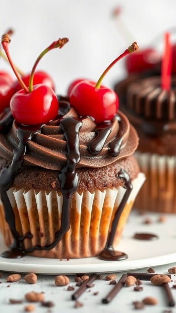 Delicious Black Forest cupcakes topped with cherries and chocolate syrup