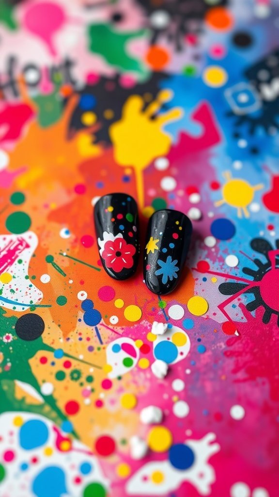 Close-up of black nails with colorful splashes on a colorful background.