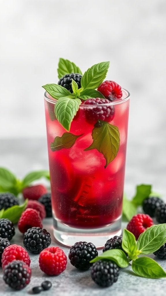 A refreshing glass of Blackberry Basil Smash cocktail, garnished with basil and berries.