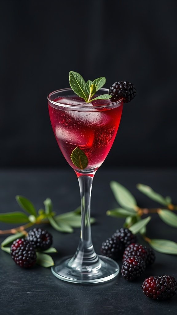 A refreshing Blackberry Sage Collins cocktail garnished with blackberries and sage leaves