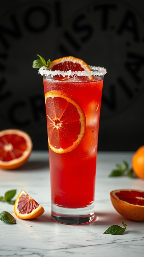 A refreshing Blood Orange Margarita in a tall glass, garnished with a blood orange slice and mint leaves, with halved blood oranges in the background.