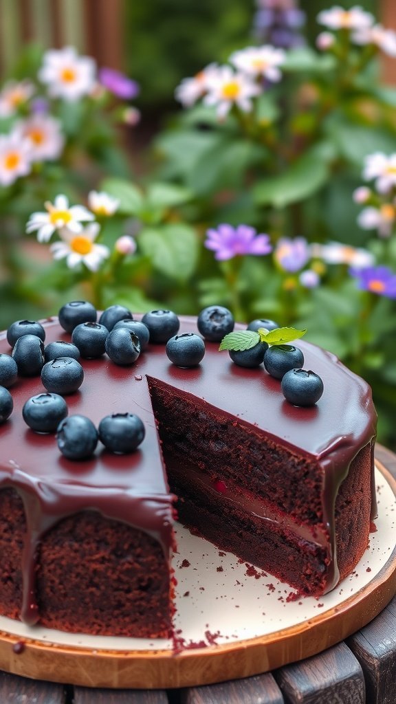 A beautifully layered blueberry chocolate cake topped with fresh blueberries and surrounded by flowers.