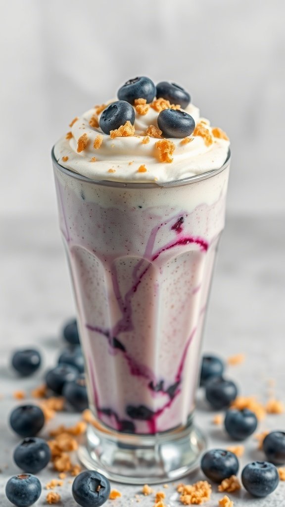 Blueberry Muffin Frappuccino topped with whipped cream, blueberries, and crumbled topping, surrounded by fresh blueberries.