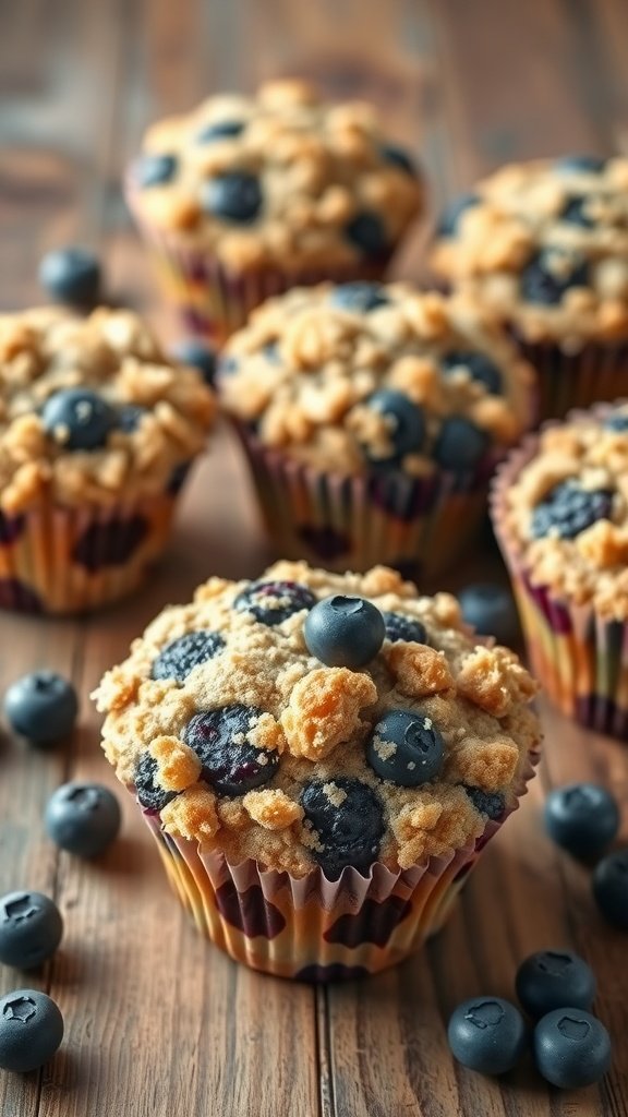 A close-up of blueberry muffins with crumble topping, surrounded by fresh blueberries, on a wooden surface.