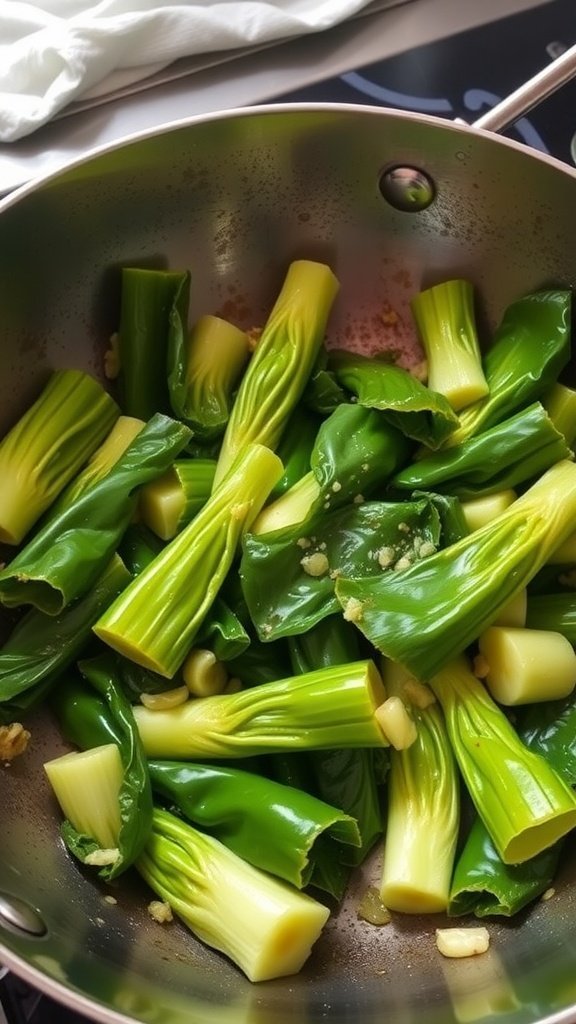 A close-up of bok choy stir-fry with garlic in a stainless steel pan