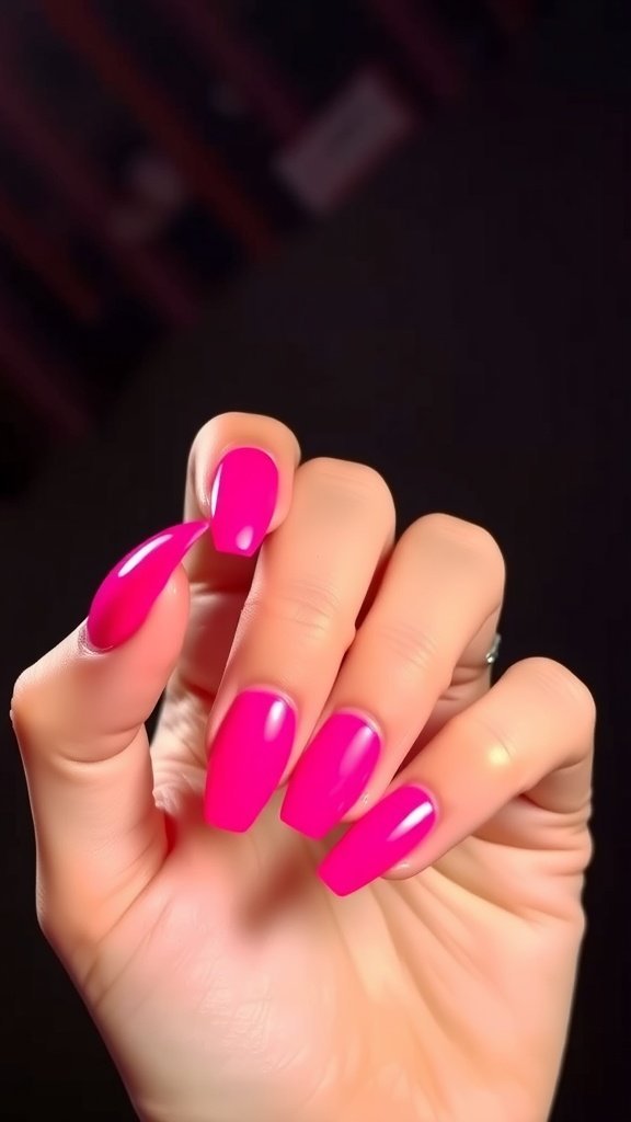 Close-up of a hand with long, hot pink gel nails.