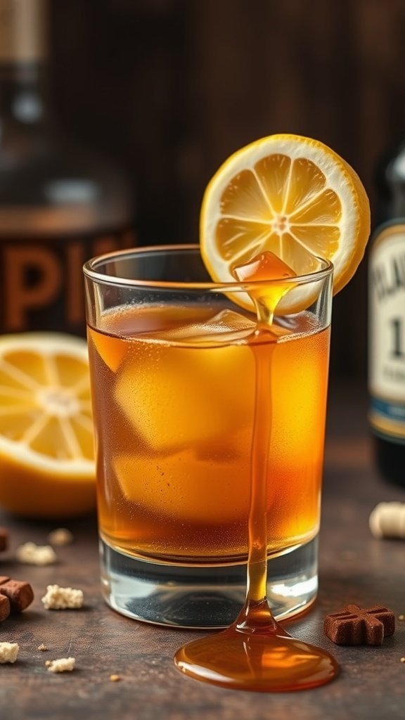 A bourbon maple sour cocktail with a lemon slice and maple syrup dripping down the glass.