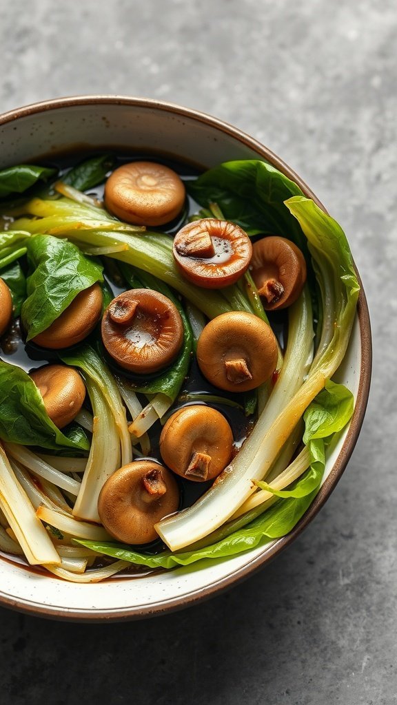 A bowl of braised Chinese cabbage with mushrooms, showcasing vibrant greens and brown hues.