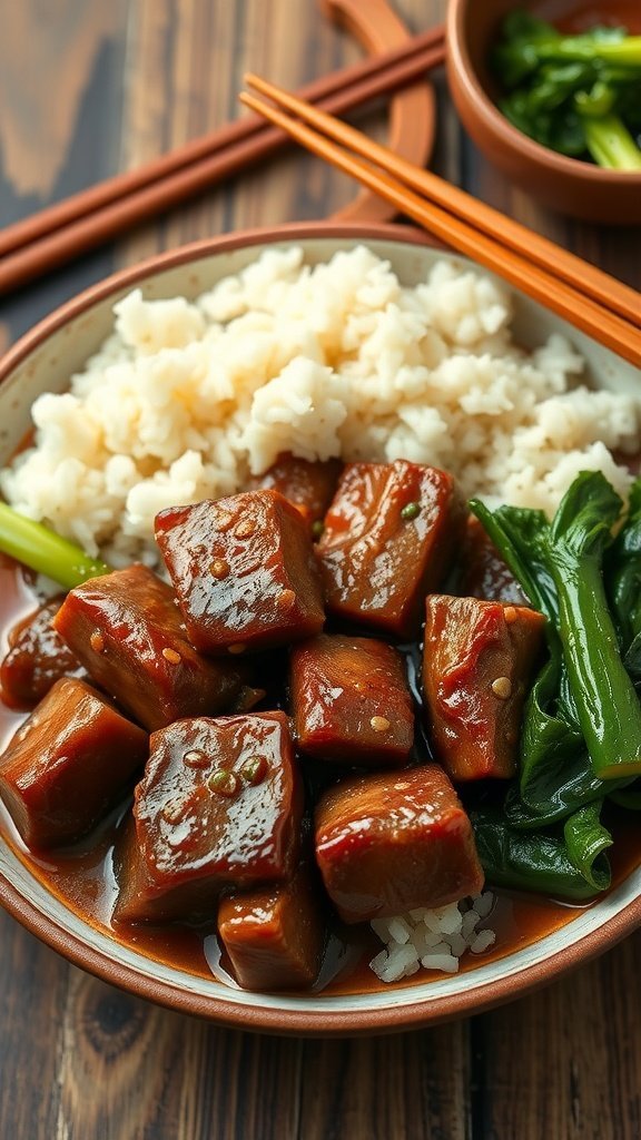 Bowl of braised pork belly with soy sauce, served with rice and greens