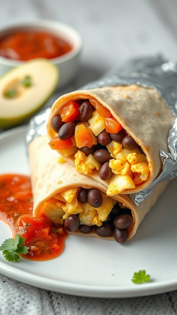 A close-up of a breakfast burrito filled with black beans, scrambled eggs, and diced vegetables, served with salsa on the side.