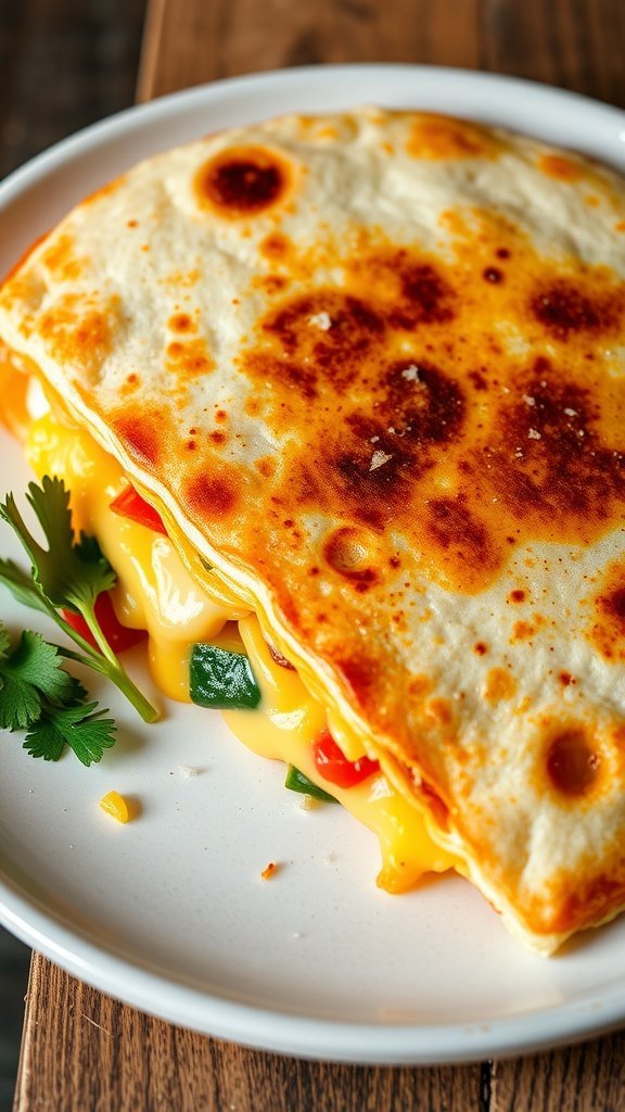 A delicious cheese-filled breakfast quesadilla on a plate.