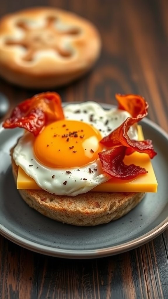 A delicious breakfast sandwich featuring a fried egg, crispy bacon, and cheddar cheese on a toasted English muffin.