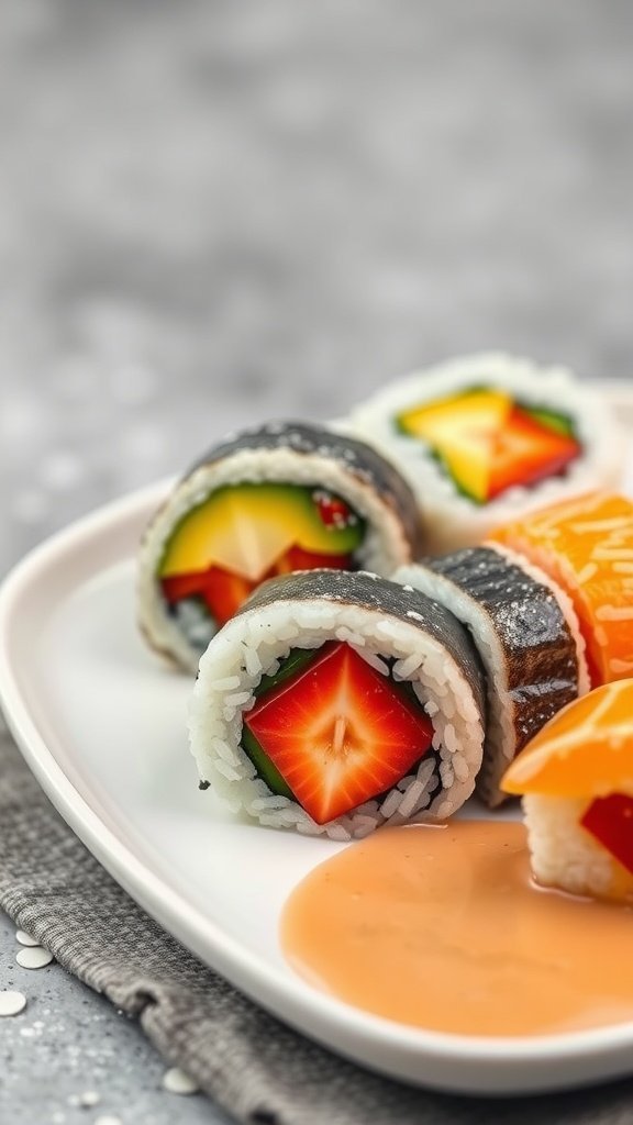 A plate of colorful breakfast sushi rolls made with rice and fruit