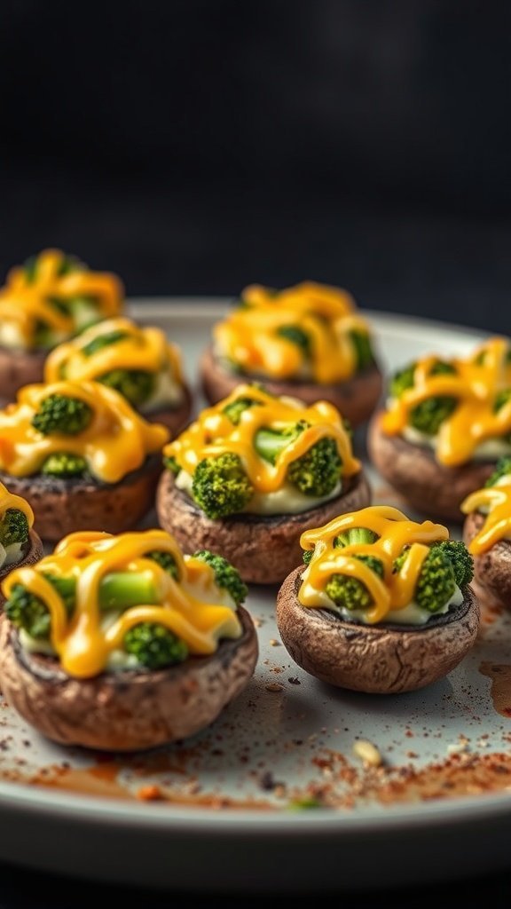 A plate of broccoli and cheese stuffed mushrooms, topped with melted cheddar cheese.