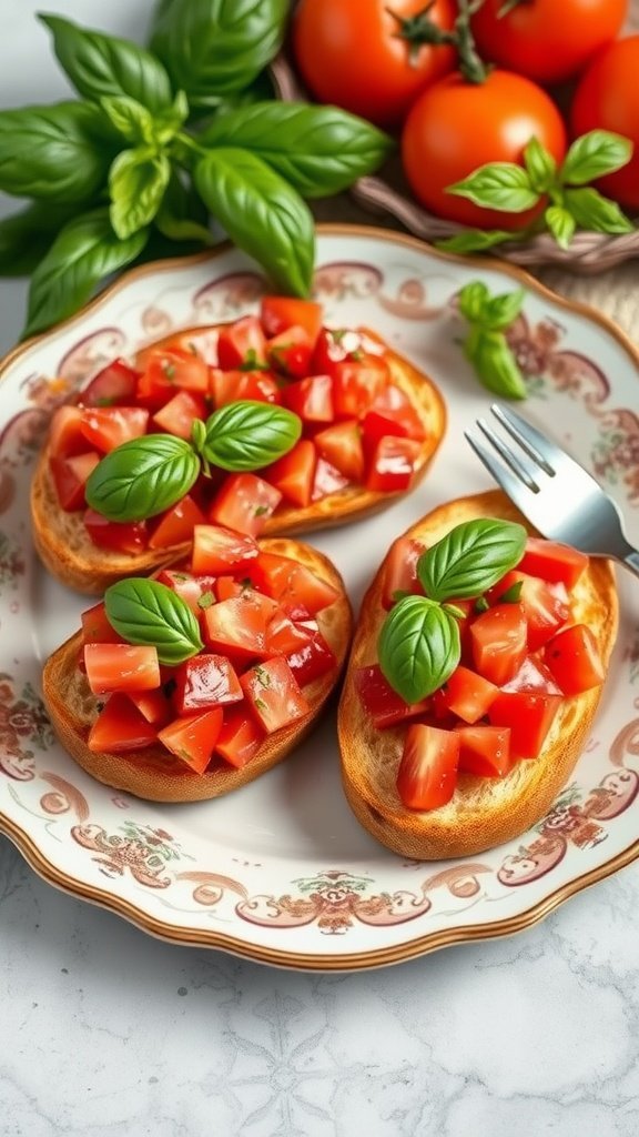 Toasted bread topped with diced tomatoes and basil leaves on a decorative plate