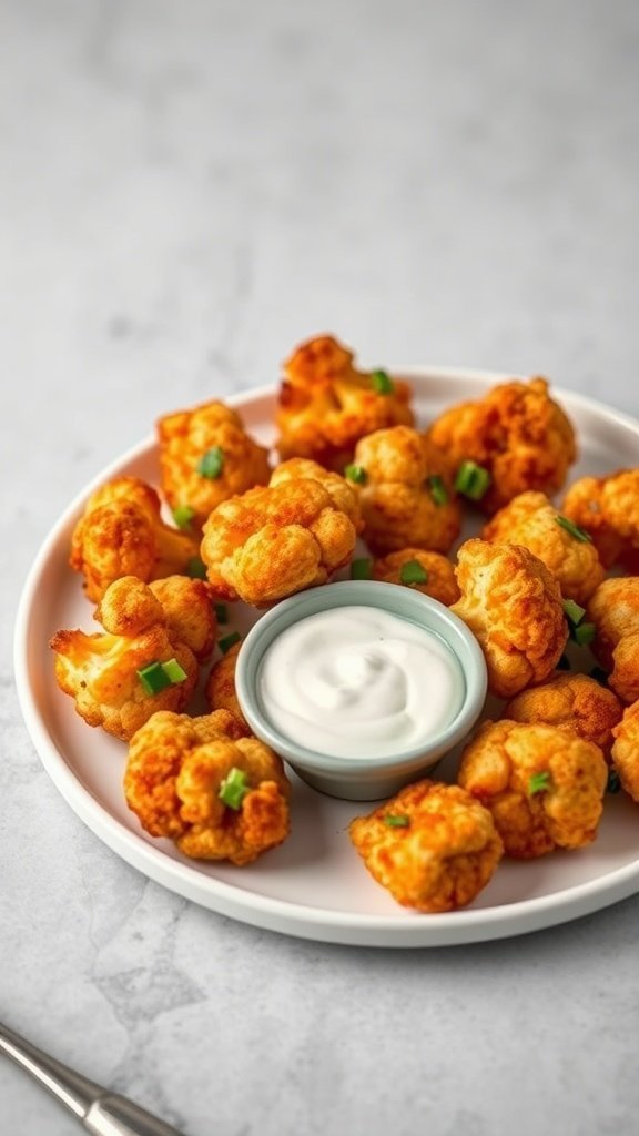 Plate of crispy buffalo cauliflower bites with ranch dip