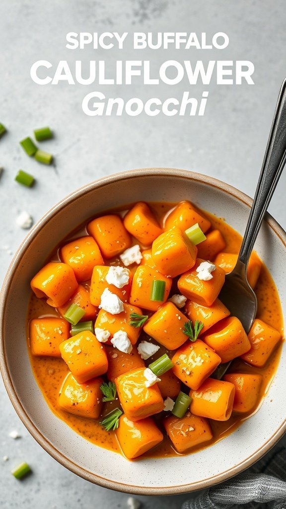 A bowl of spicy buffalo cauliflower gnocchi garnished with green onions and feta cheese.