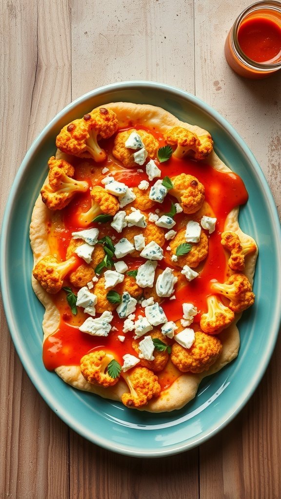 Buffalo Cauliflower Pizza topped with buffalo sauce, cauliflower florets, and blue cheese on a plate